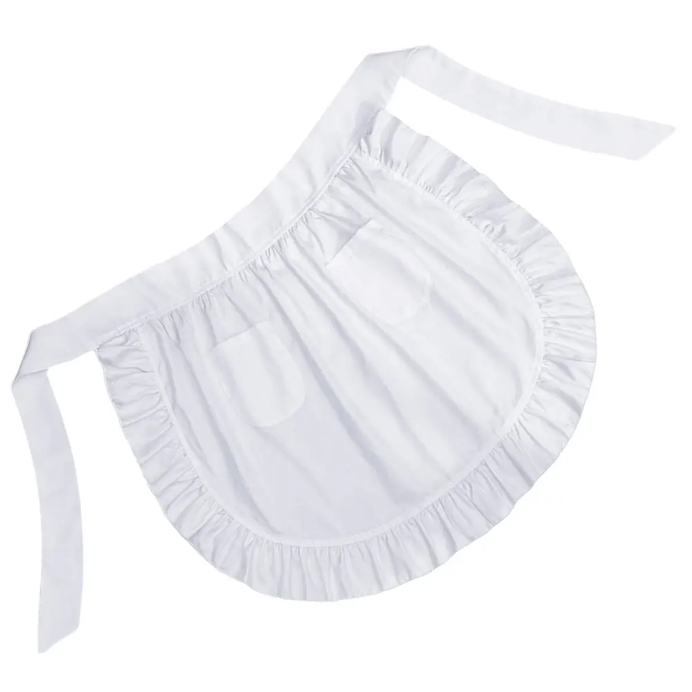 

Charming Ruffled Women'S Black Waist Apron Half With 2 Pockets Polyester Kitchen Baking Maid Server Restaurant Coffee