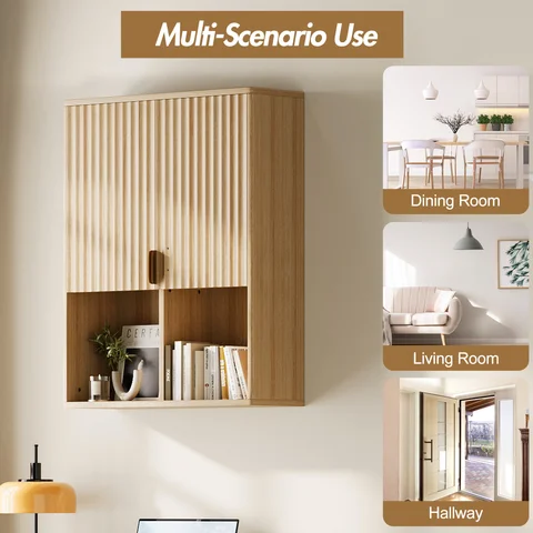 Fluted Bathroom Wall Cabinet, Over Toilet Storage Cabinet with Adjustable Shelf, Modern Wooden Medicine Cabinet with Buffering Hinges, Bathroom Organizer
