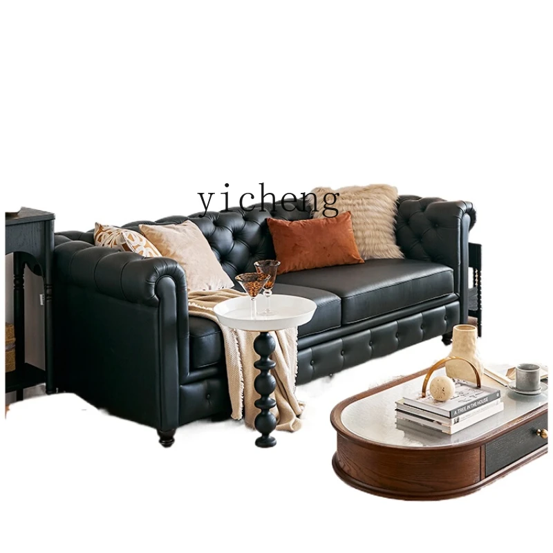 

ZC Vintage Leather Sofa First Layer Cowhide Black Straight Row Sofa Living Room Full Leather Sofa