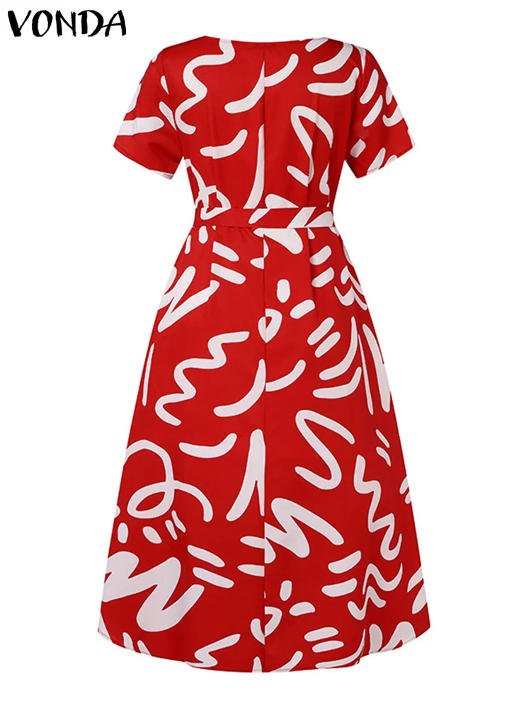 Plus Size 5XL VONDA Summer Women Dress 2024 Fashion Belted Maxi Long Party Dress Vintage Printed Sundress Casual Vestidos Robe