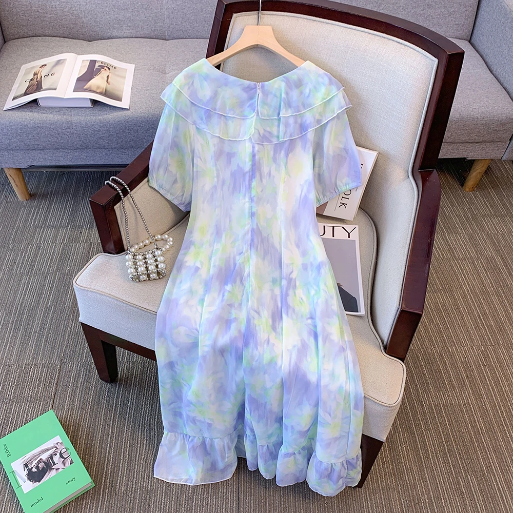 Plus-size Women's Summer Casual Commute Loose comfortable Dress Chiffon print lace-up hidden zipper skirt with ruffled edge 2024