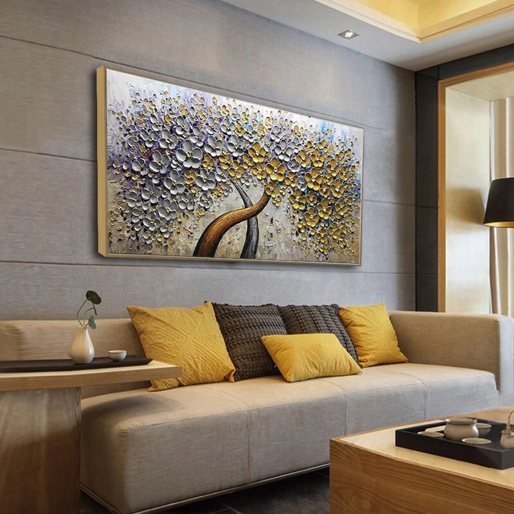 Hand painted printed canvas golden fortune tree oil painting handmade palette knife landscape still life flower living room
