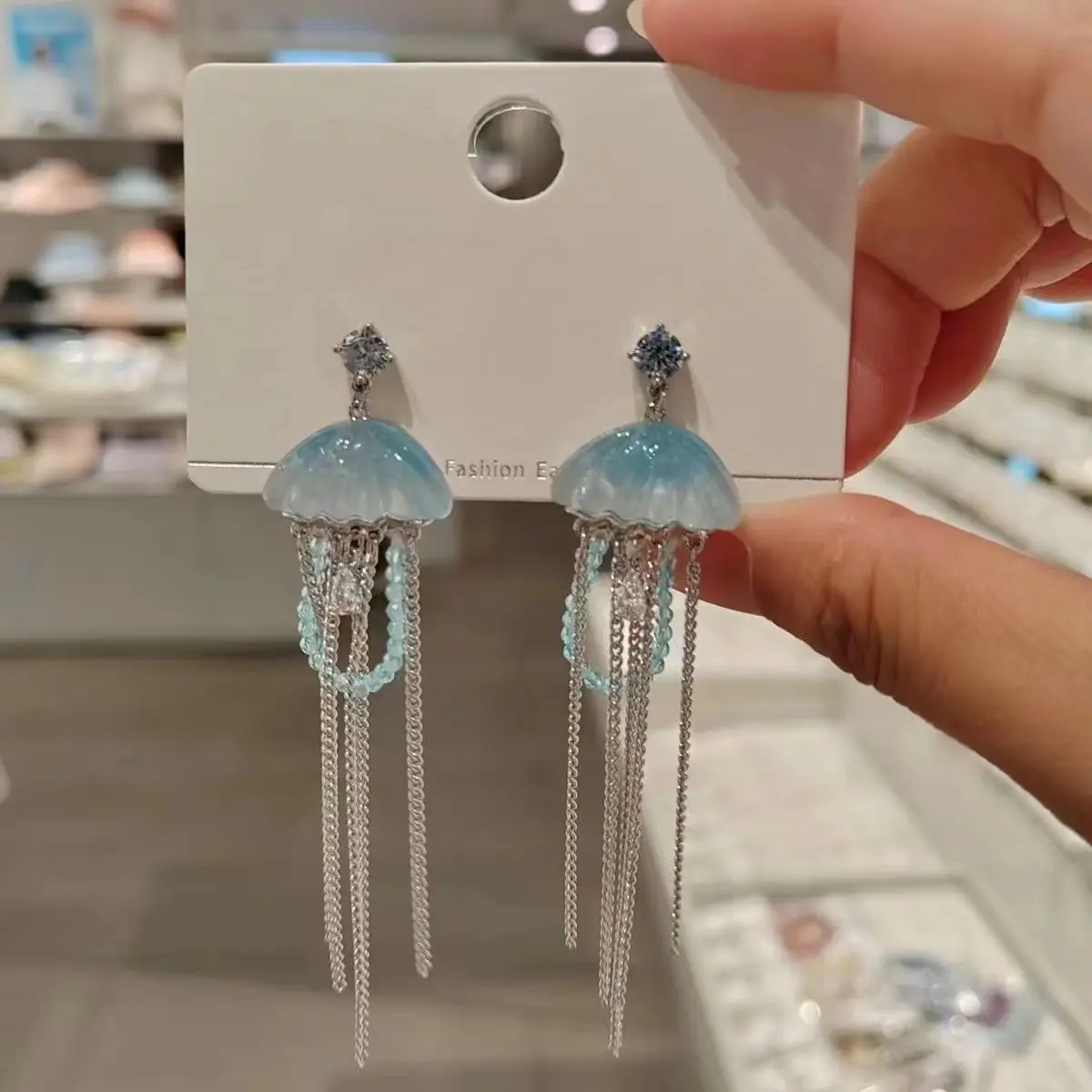 New niche style sea blue jellyfish zircon tassel women's earrings