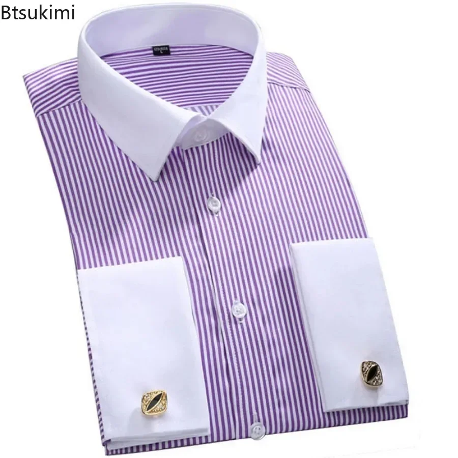 2025 Men's Dress Shirts Loose Tuxedo French Cuff Regular Fit Luxury Striped Business Long Sleeve Cufflinks Social Casual Shirts