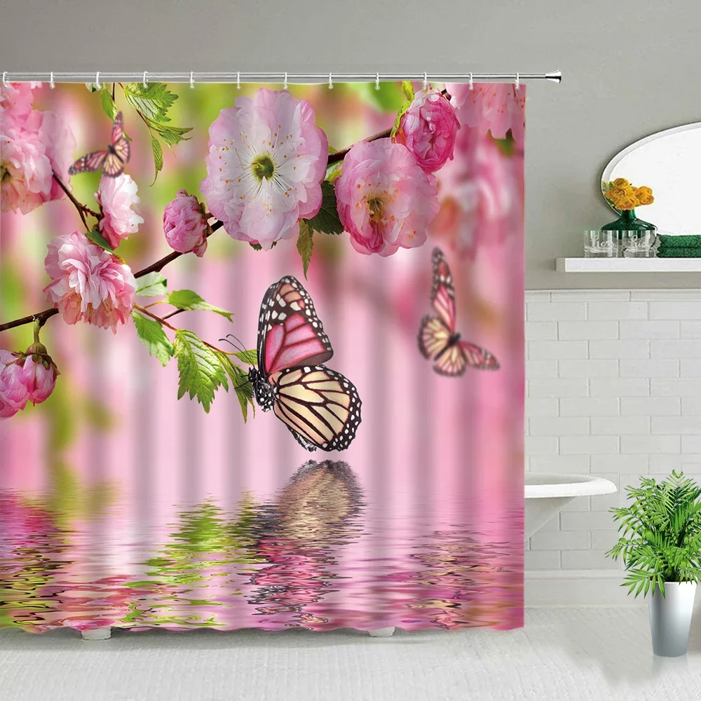 Butterfly Pink Flower Shower Curtain Spring Scenery Floral Plant White Dandelion Yellow Sunflower Red Tulip Print Bath Curtains