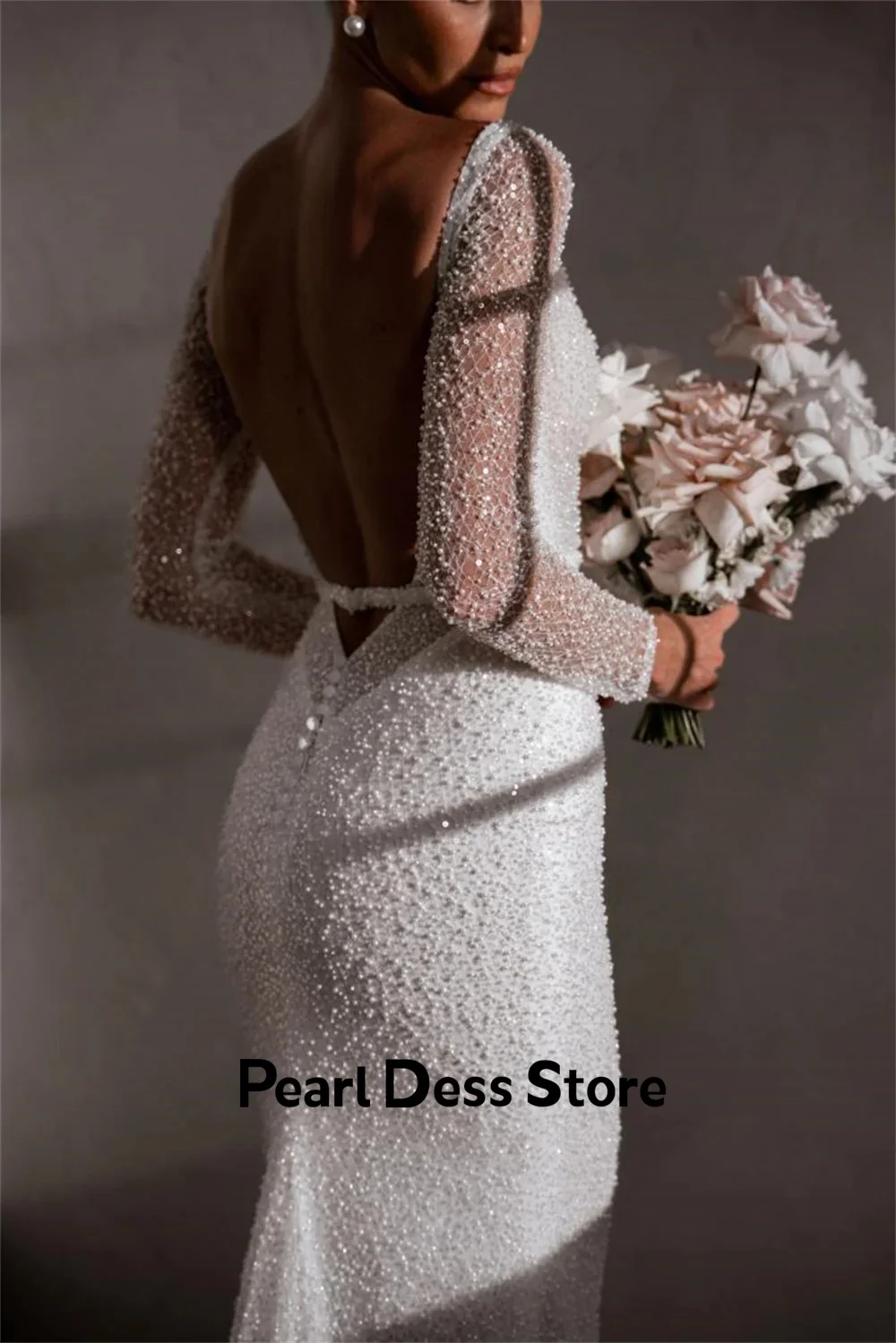 Pearl Backless Dresses Gala Dresses Woman 2024 for Party Fish Tail Luxury Dress for Weddings White Shiny Long Sleeves Ball Gowns