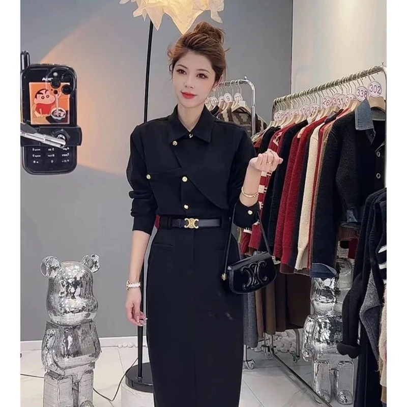 Elegant Lapel Button Solid Color Asymmetrical Shirts Women\'s Clothing 2023 Autumn Winter Loose Korean Tops Office Lady Blouses