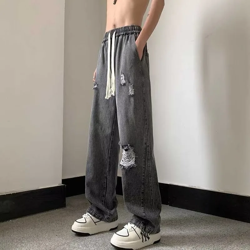 Spring New Ripped Jeans Men American Vintage Loose Wide-legged Straight Full Length Pants High Street Fashion Denim Pants Male