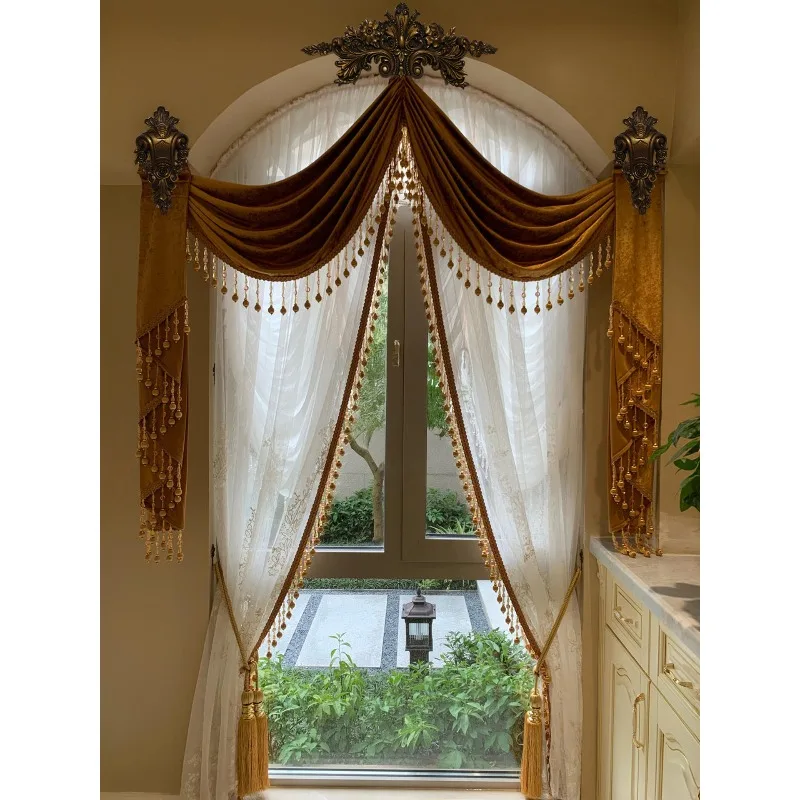 European curtains living room luxury atmosphere bedroom French retro American villa high-end solid color flannel water wave curt