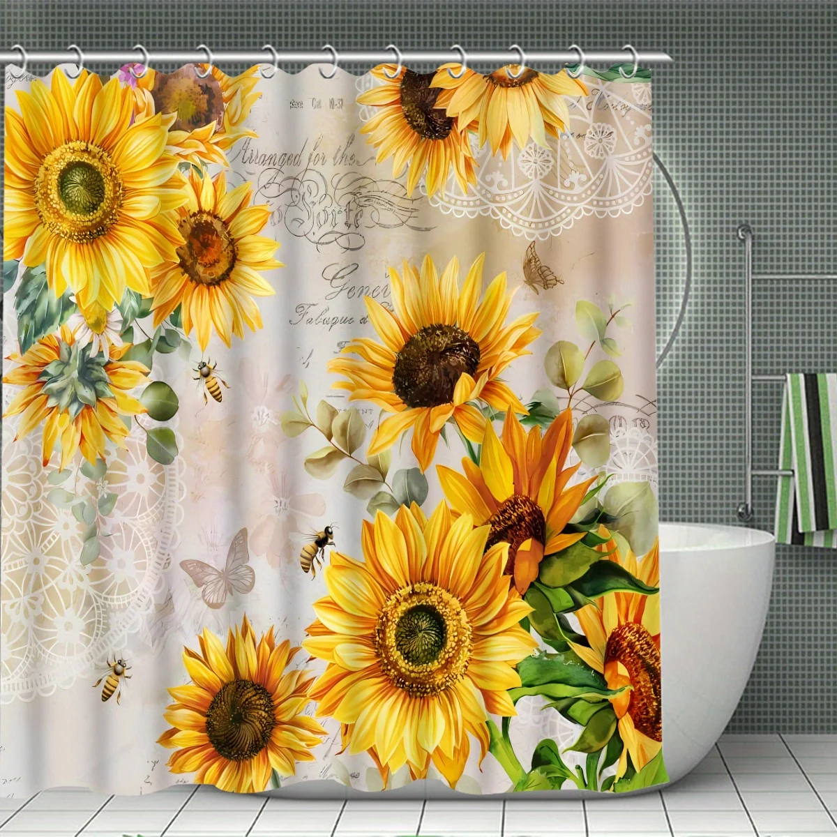 Sunflower Shower Curtain - Vibrant Polyester Bathroom Decoration with Unlined Knit Design, 12 Hooks for a Modern Home