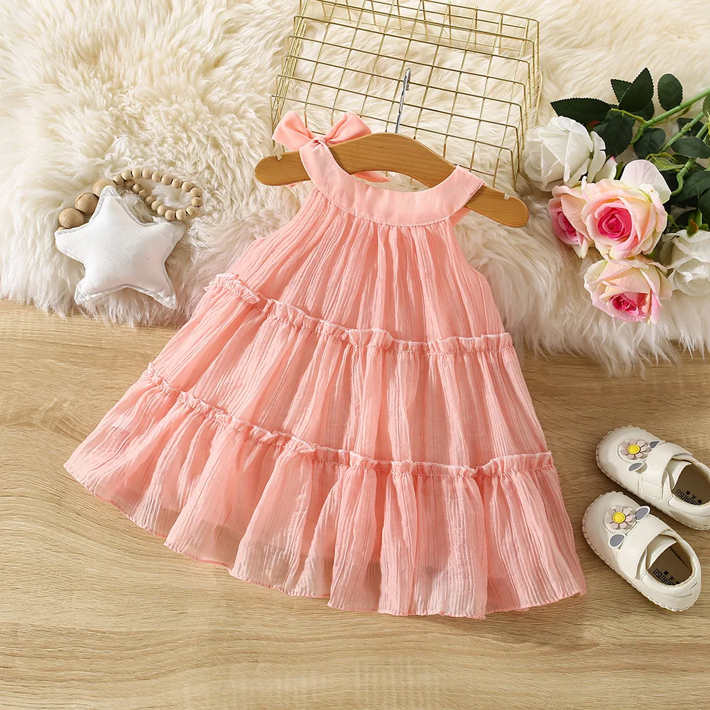 (0-3 Years Old) Summer Baby Girl Cotton Solid Color Suspender Thousand Layer Dress Girl Hanging Neck Princess Dress