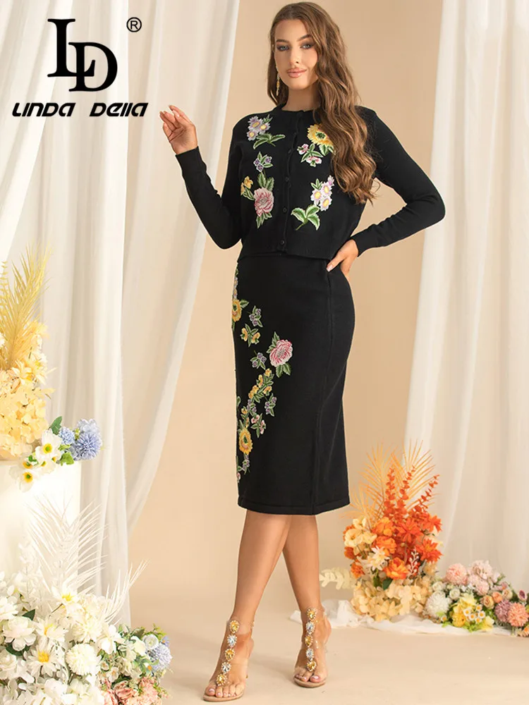 LD LINDA DELLA New style Women\'s Suit Long-Sleeved Single-Breasted Tops+Slim-Fit Hip Wrap skirt Embroidery Autumn 2 piece set