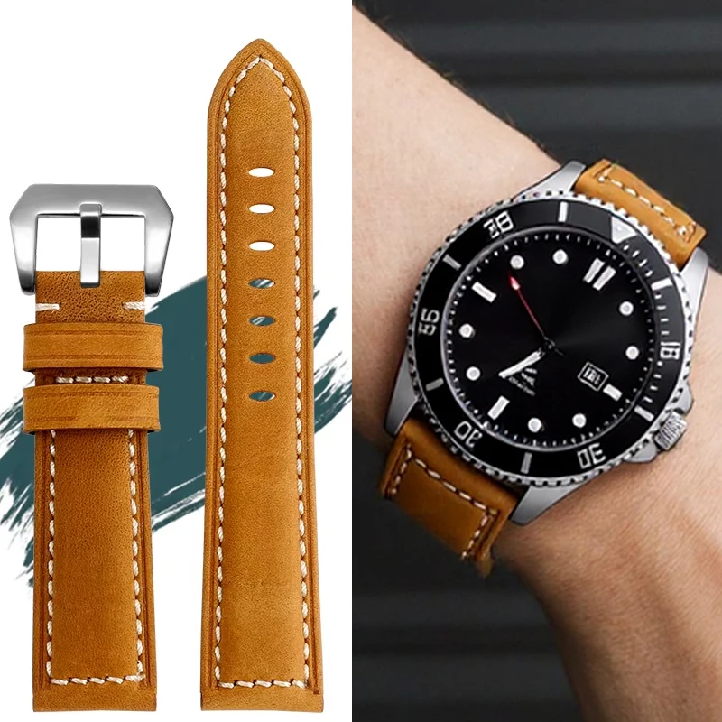 22mm Crazy Horse Leather Frosted Watch Band For Casio Swordfish mdv-106 Sea-Heart Water ghost watch series Bracelet Brown Khaki