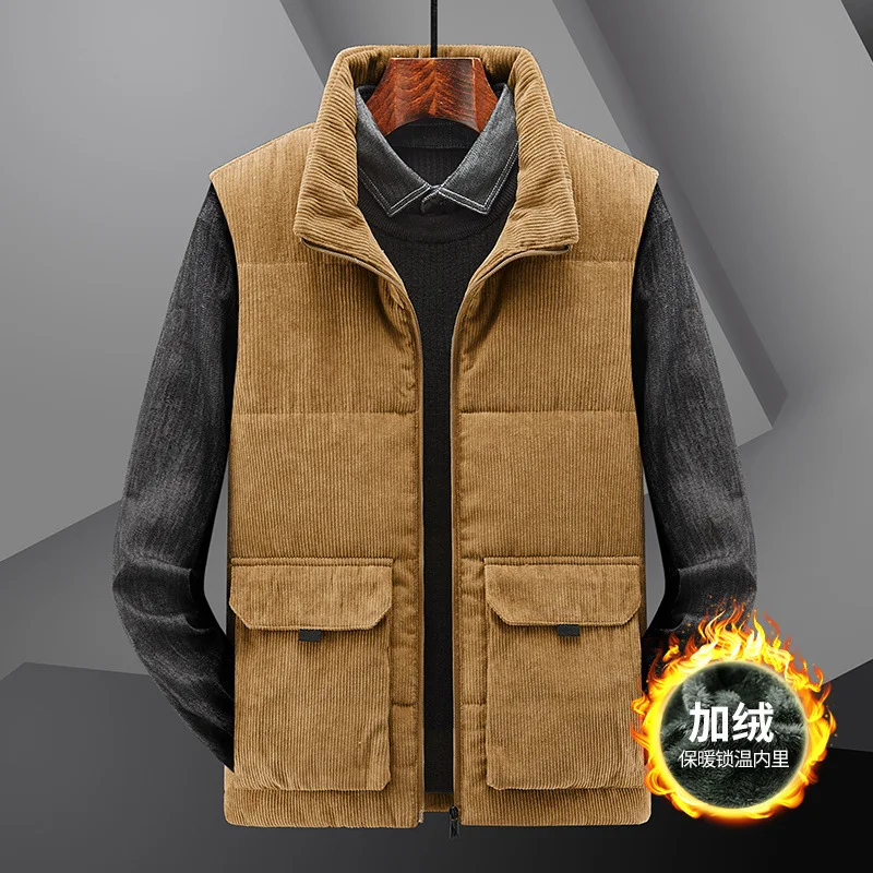 

2025 Winter Men's Corduroy Vest with Thick Velvet and Men's Large Size Stand Up Collar Shoulder Multiple Pocket Workwear Trend
