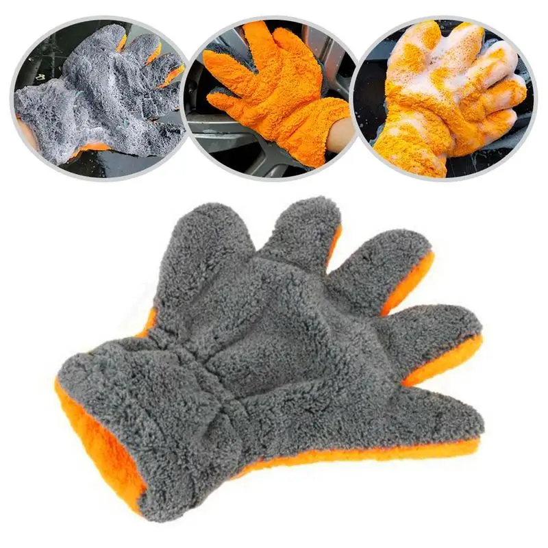 Premium Double-Sided Coral Fleece Car Cleaning Gloves cratch-Free Wash Mitts Five-Finger Design for Car Glass Wheels Cleaning