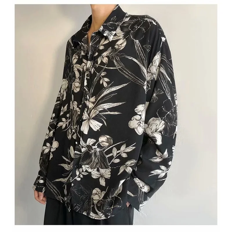 

Осень 2023, новинка большого размера с цветочным принтом, мужская повседневная длинная све irt, модная Гонконгская повседневная верхняя одежда, топ