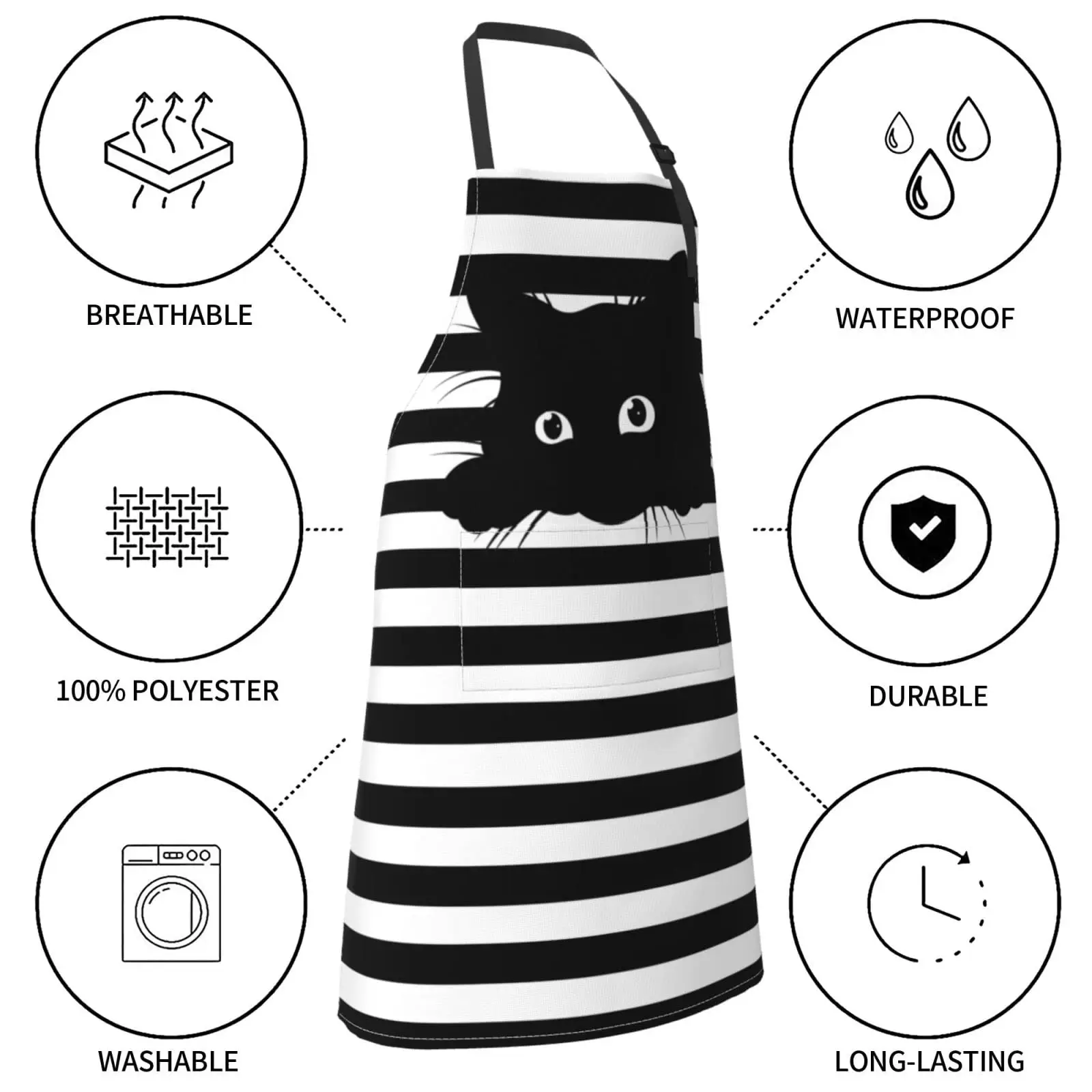 Funny Black Cat Waterproof Apron With 2 Pockets Kitchen Chef Aprons Bibs For Cooking Baking Painting Gardening Grooming