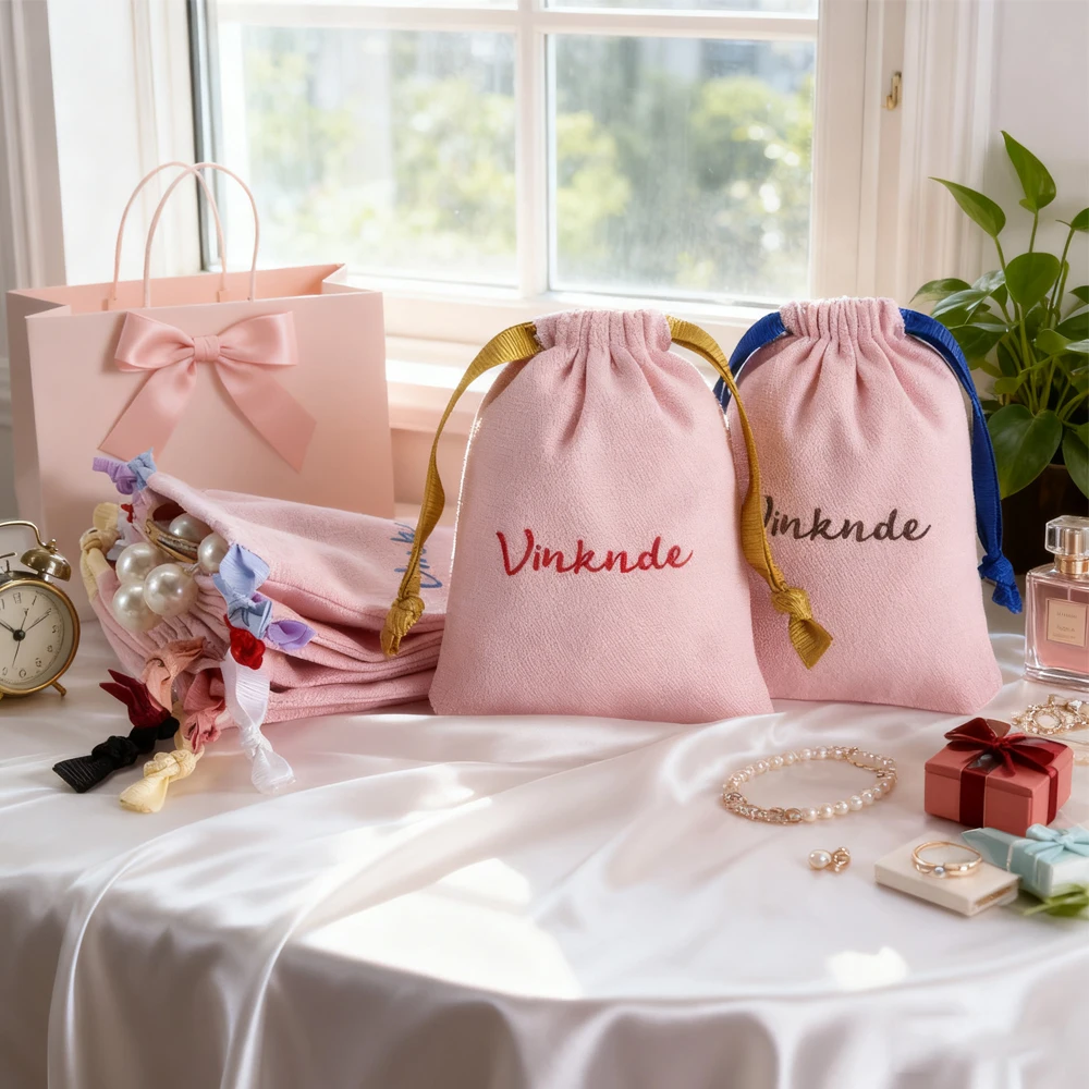 

Customized Logo Personalized Wedding Favor Drawstring Velvet Pouch Pink Top Quality Soft Flannel Canvas Packaging Bags Wholesale