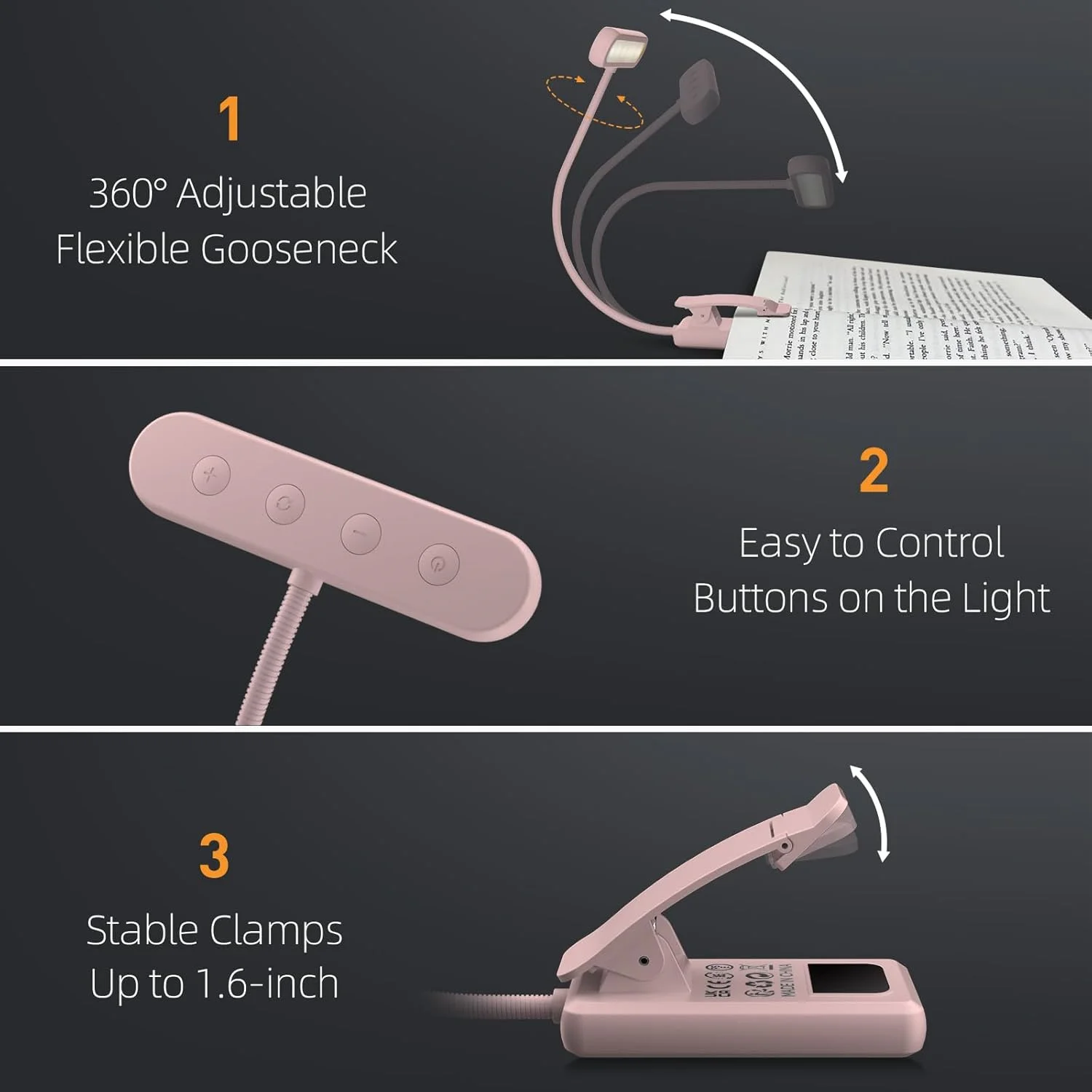 Reading Lamp Book Clamp Black/White/Pink USB Rechargeable Battery 600mAh Flexible Gooseneck Clip Light 10 Brightness Dimmable view 4