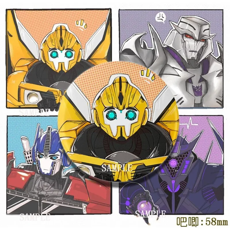 変身周辺バッジ 4 個: オプティマスプライム バンブルビー、メガトロン ロボット 学生ギフト スクールバッグペンダント 58mm