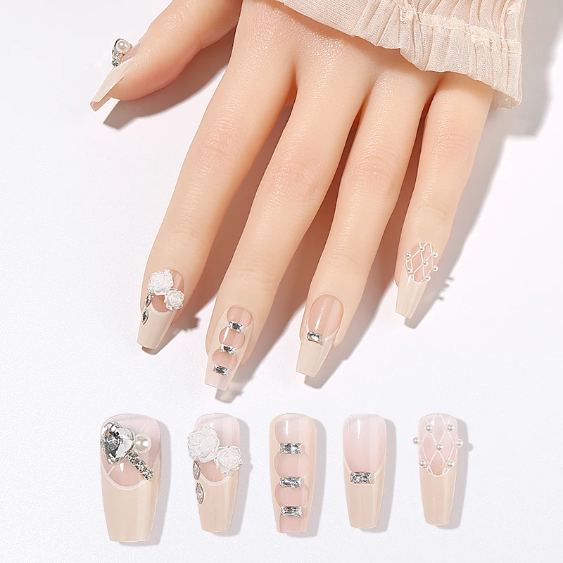 تابوت باليه مصنوع يدويًا أظافر مضبوطة ، تصميم حجر الراين واللؤلؤ ، أطراف أظافر زائفة مع ملصق جيلي ، فاخرة ، كاميليا ، 10 ~