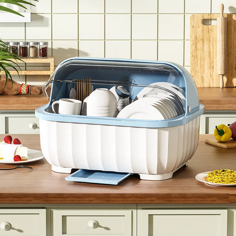 Plastic Kitchen Dish Drainer with Lid, Dustproof Dish Rack with Drain Tray & Vent Holes, Tableware Storage Organizer