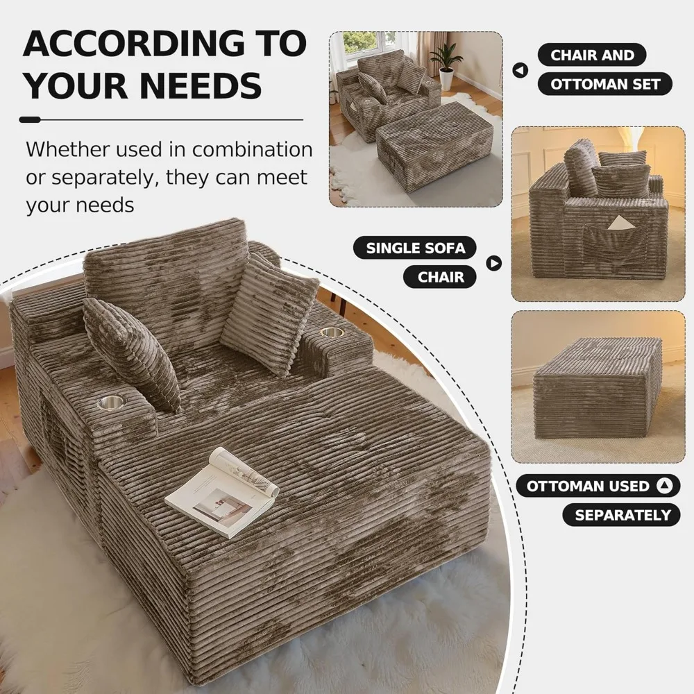 

67 Chaise Lounge Chair Indoor,Oversized Boneless Single Sleeeper Couch Bed,Corduroy Cloud Sofa with 3 Soft Pillows, Customized