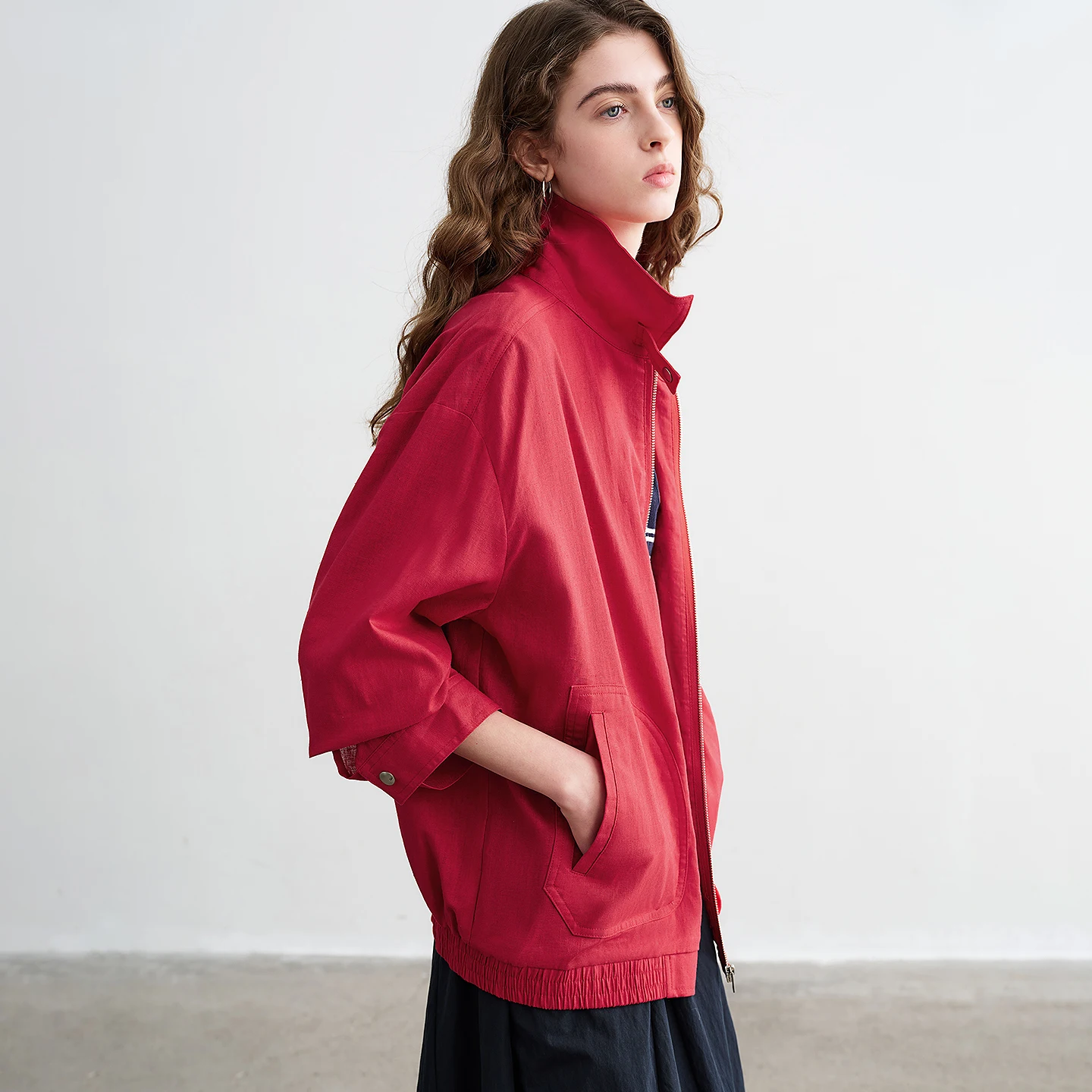 TOYOUTH Women Cotton Linen Jacket 2026 Spring New Bright Red Back Letter & Floral Print Loose Coat