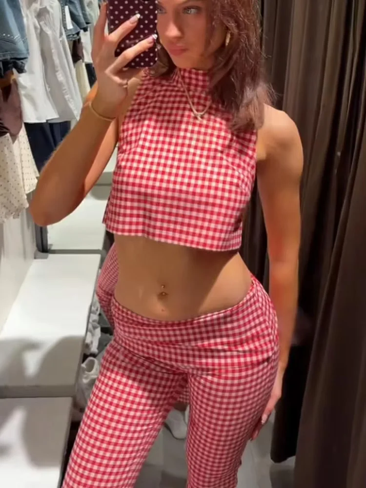 

HH Women 2-Piece Suit Summer Vacation Sweet Stand Collar Zipper Sleeveless Short Top+Mid-waist Zipper High Street Casual Pant