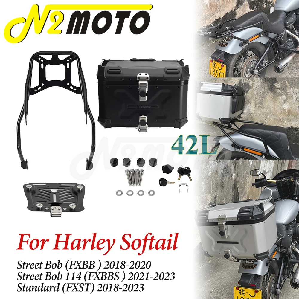 

1 Set Motorcycle 42L Top Case W/Mounting System For Harley Softail Standard FXST Street Bob FXBB FXBBS 2020-2023 Rear Trunk Rack