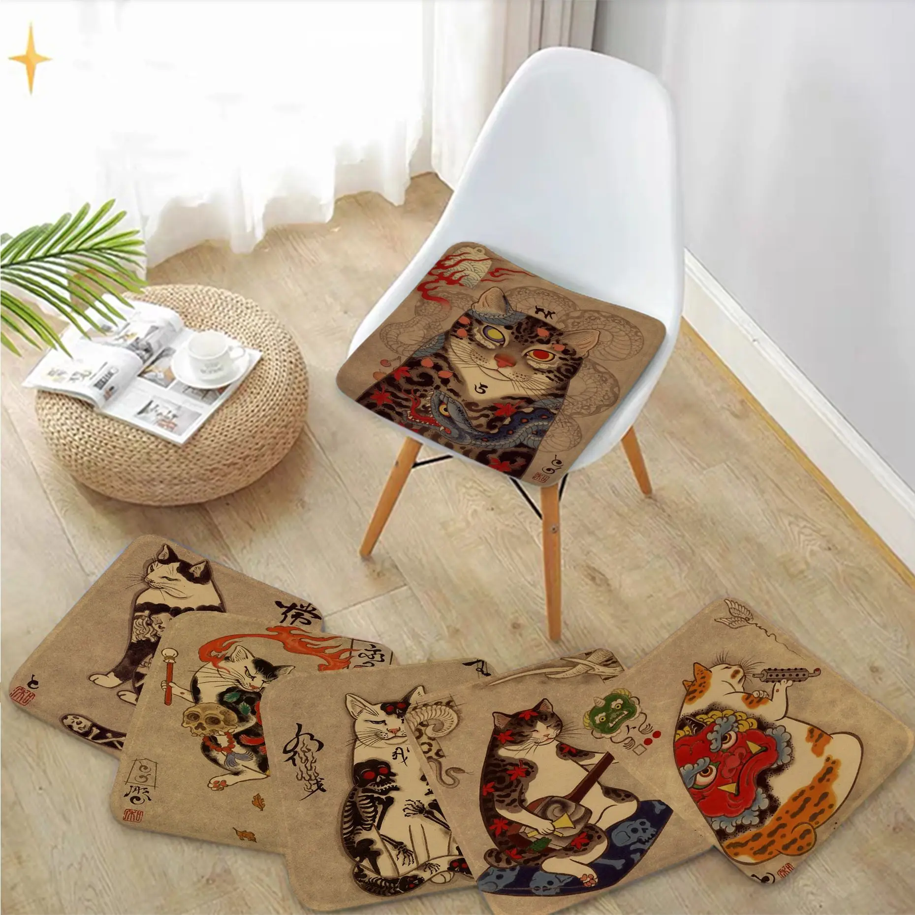 

Japan Samurai Cat Tattoo Tie Rope Meditation Cushion Stool Pad Dining Chair Tatami Seat Cushion Anti-Slip Cushions Home Decor