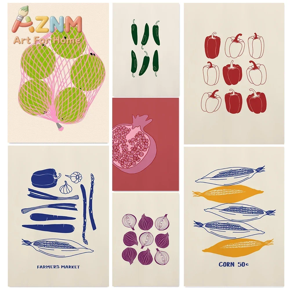 AZNM, cuadro abstracto con motivos de frutas y verduras, arte mural en lienzo, estilo retro, diseño de mercado de agricultores, ilustración de maíz, pimiento y granada, impresión artística, lienzo sin marco.