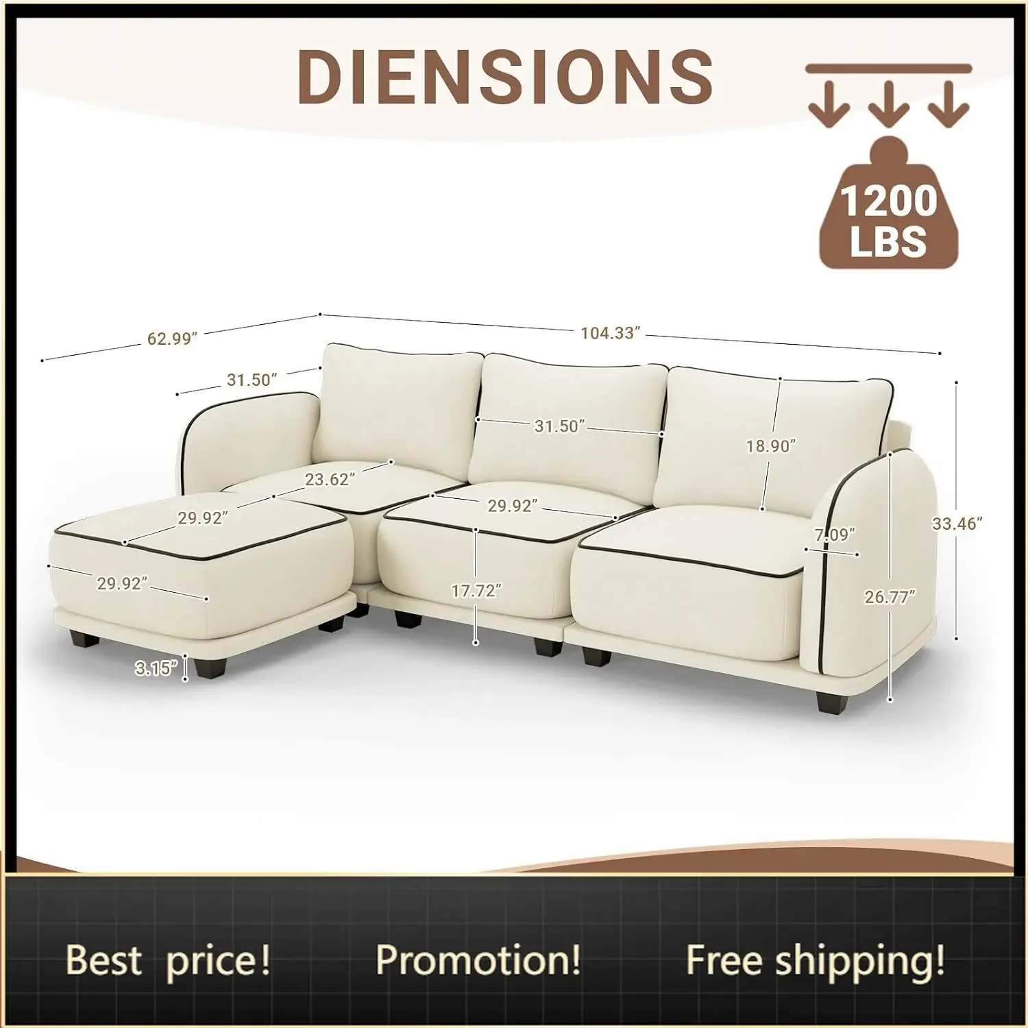 Brand new fast shippingBestseller104 Inch L Shaped Modular Sectional Sofa, 4 Seater Modern Cloud Chenille Comfy Couch with Movab