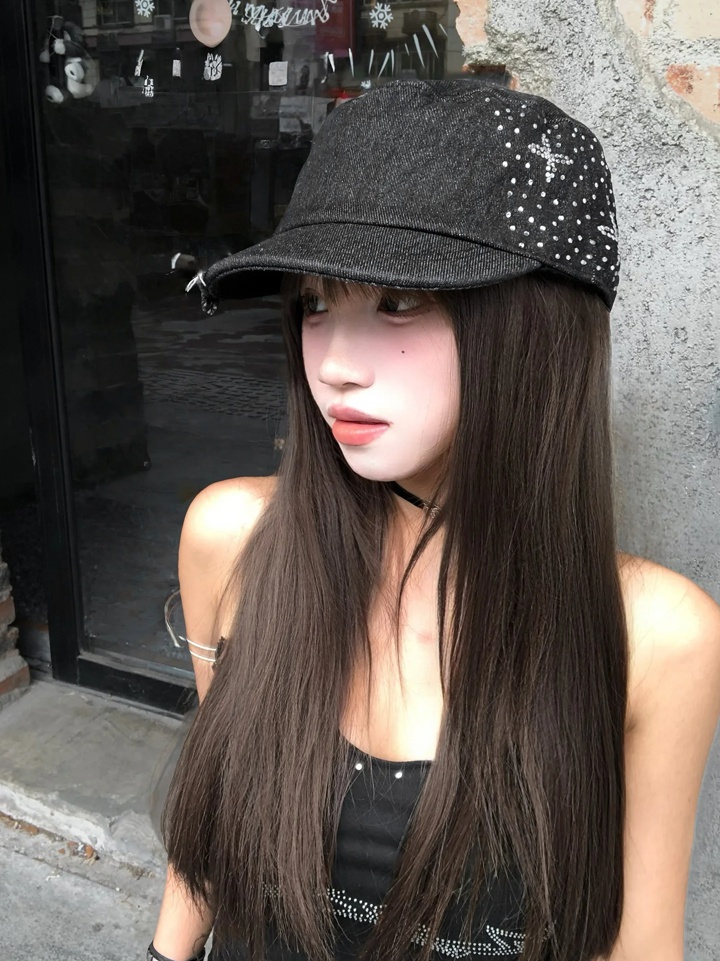 Retro Denim Rhinestone Flat Top Baseball Cap Women Summer 2026 New Spicy Duckbill Hat Unique Personality  Riding Hat