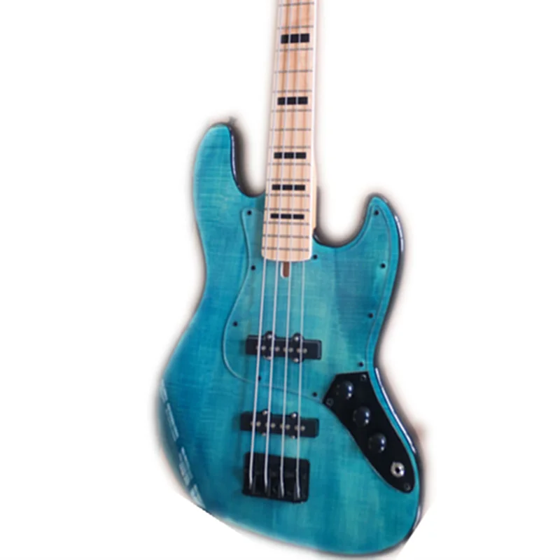 4-string electric bass guitar, clear blue JB bass flamed maple veneer, maple fretboard white binding, black buttons