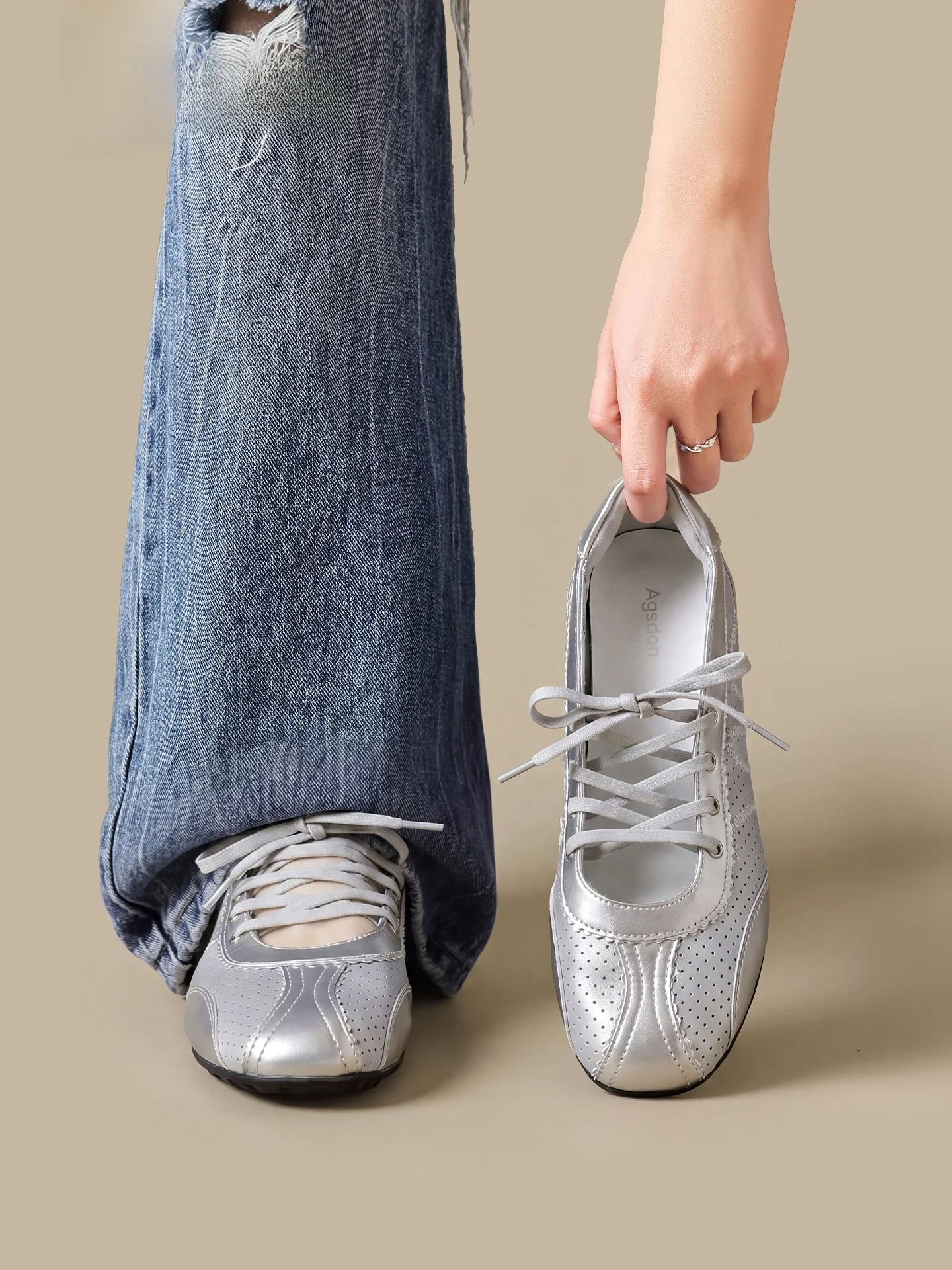 

Agsdon Breathable Sports Sandals Mary Janes Women's Shoes Silver Trainer Flat Bottom Rubber Sole round Toe Casual Shoes
