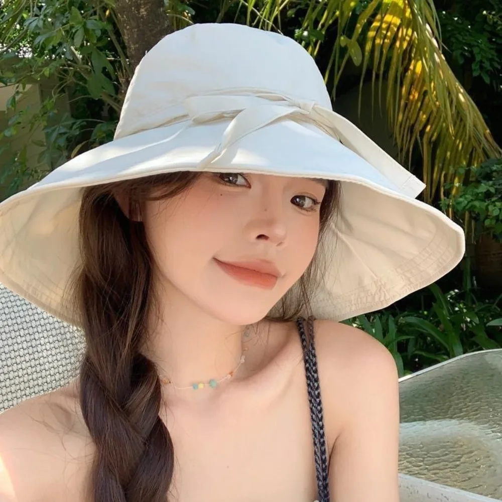 

Summer Foldable Bow Fisherman Hat Wide Brim Anti-UV Lace-up Sun Hat Solid Color Breathable Sunshade Bucket Hat