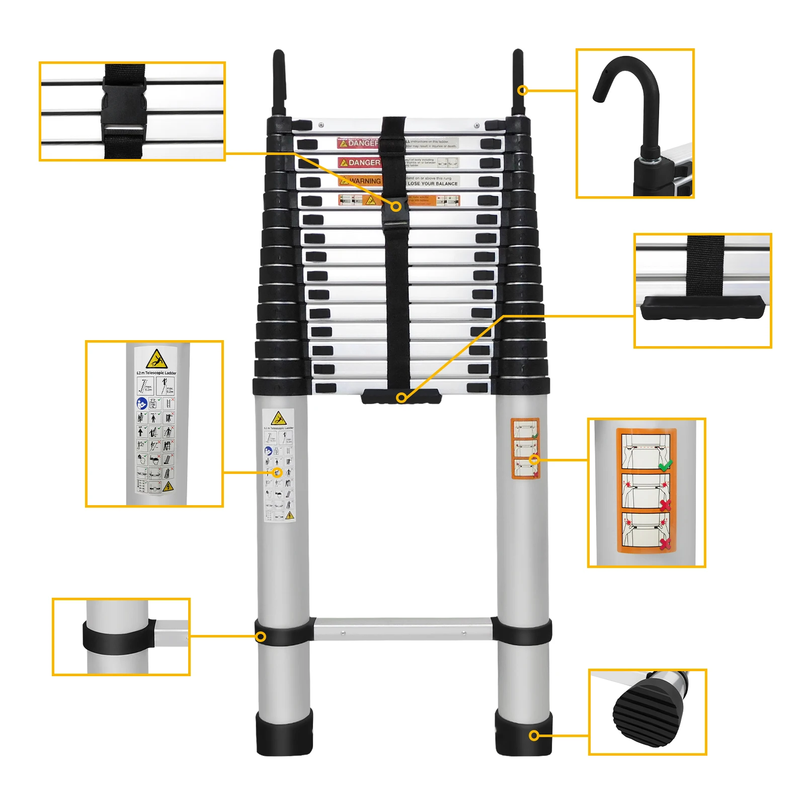 Aluminiumleiter Teleskopleiter Hochleistung 2,6M/3,2M/3,8M/4,4M/5M, A-Form 1,9M/2,5M, 6,2M mit Haken – Detail 27