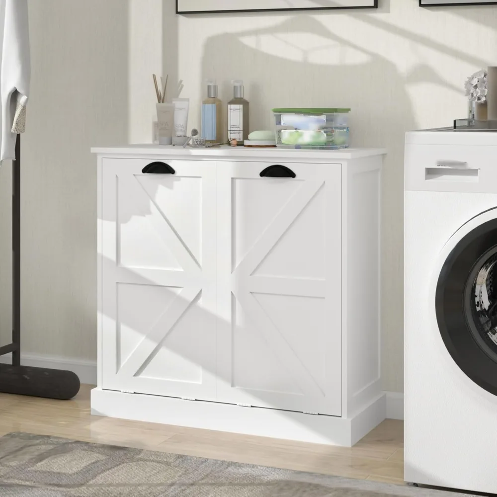 Laundry Hamper Cabinet with Removable Basket, Double Tilt Out Laundry Hamper Cabinet, Wood Bathroom Storage Cabinet