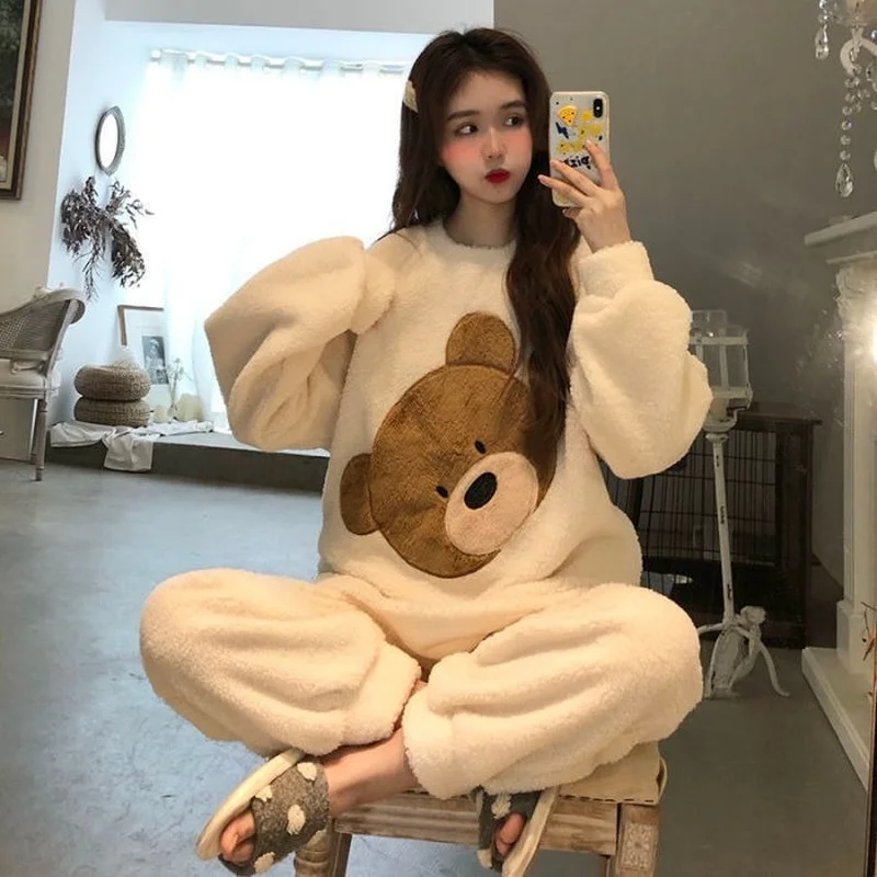 Winter Flannel Pajama Sets Women Thicker Plus Velvet Two Pieces Student Ins Cute Fluffy Warm Various Kinds Cozy Harajuku Female