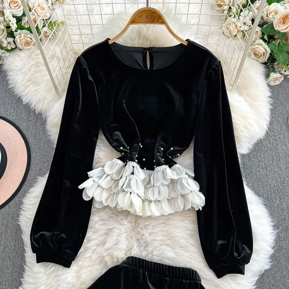 Elegant Long Sleeves Sweet O-neck Petal Embroidered Beads Spliced Vevlet Top Slim High Waist Split Skirt High Street Winter Sets