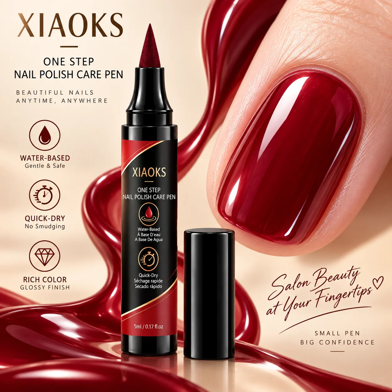 Xiaoks Wine Red One-Step Nail Art Pen, Made with Selected Color-Rich Pearlescent and Wear-Resistant Powder Materials Imported from Germany, Uses a Gentle Water-Based No-Bake Formula, with a Rich Wine Red Shade That Suits All Skin Tones, the Nail Polish Is Strong and Scratch-Resistant, Waterproof, and Does Not Peel Off Easily, It Applies Gently and Is Translucent, or Can Be Applied Thickly for a Rich and Full Finish, Suitable for Beginners to Use at Home or on the Go, DIY Nail Art, Universal for Nail Art, Maintains High Shine and a Smooth Nail Surface Throughout the Day