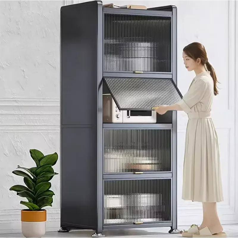 Floor Ceiling Kitchen Storage Cabinet Multi-Layer Sliding Glass Door Steel Construction Modern Large Capacity Storage Rack