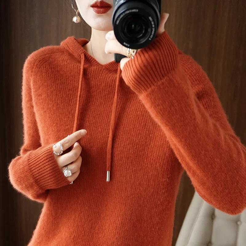 Autumn Winter Cashmere Hoodie Women's Loose Hooded Knitted Jacket Ingot Needle Thick Sweater Outer Wear Women Clothes N210