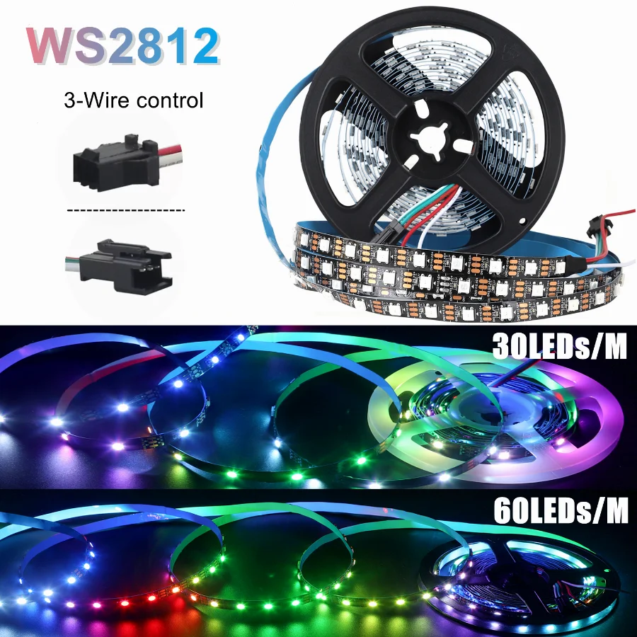 

5V RGB Colored Light RGBIC 5M WS2812B 5050 Smart Waterproof LED Strip Individually Addressable IC 30/60/144Pixels/Leds/m Light