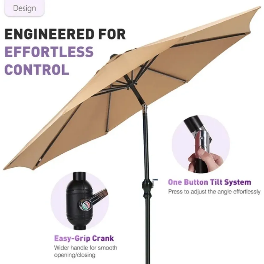 9FT Patio Umbrella With Crank & Tilt, Outdoor Market Umbrella, UV Protection Waterproof For Pool Deck, 8 Ribs Iron Frame