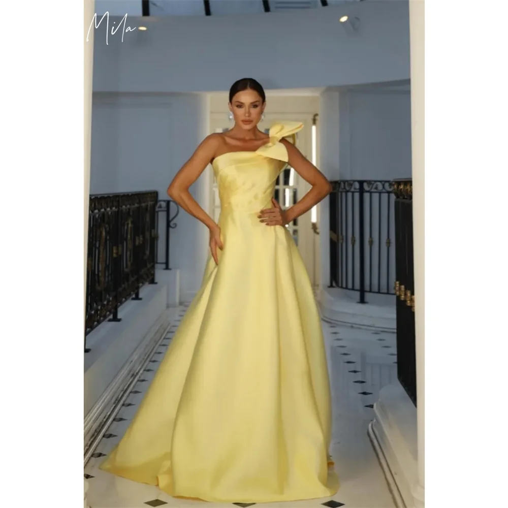 

Mila Yelllow One Shoulder Prom Dress Sleeveless A-Line Customized Luxurious Women Evening Dresses Zip Satin vestidos de fiesta