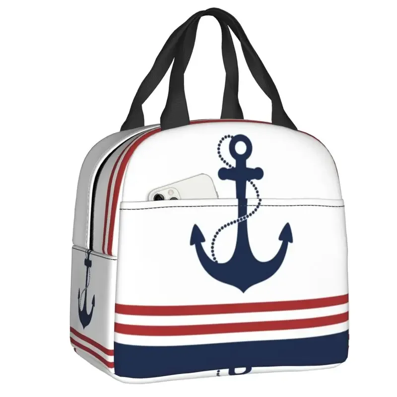 Nautical Navy Blue Anchor With Stripes Insulated Lunch Bag Leakproof Sailing Sailor Thermal Cooler Lunch Box Beach Camp Travel