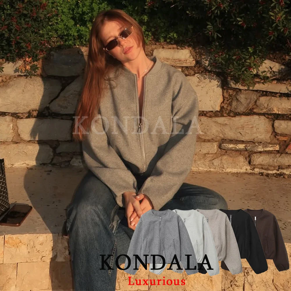 

KONDALA High Street Casual Chic Women Coat O-Neck Zipper Long Sleeve Short Jackets Fashion 2026 Spring Holiday Sporty Girl Coat