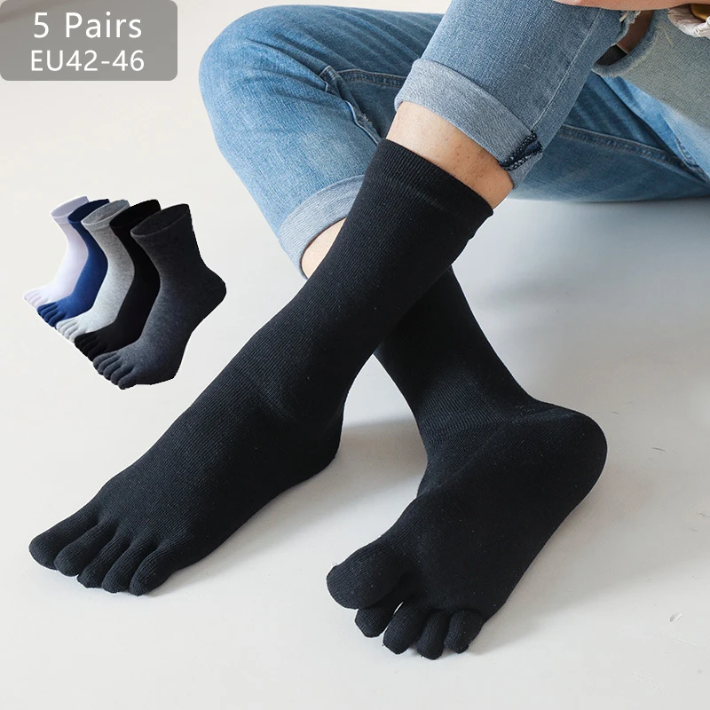 

5 Pairs Plus Size Toe Short Socks Man Cotton Business Solid Sweat-Absorbing Party Dress Large Long 5 Finger Socks 4 Seasons